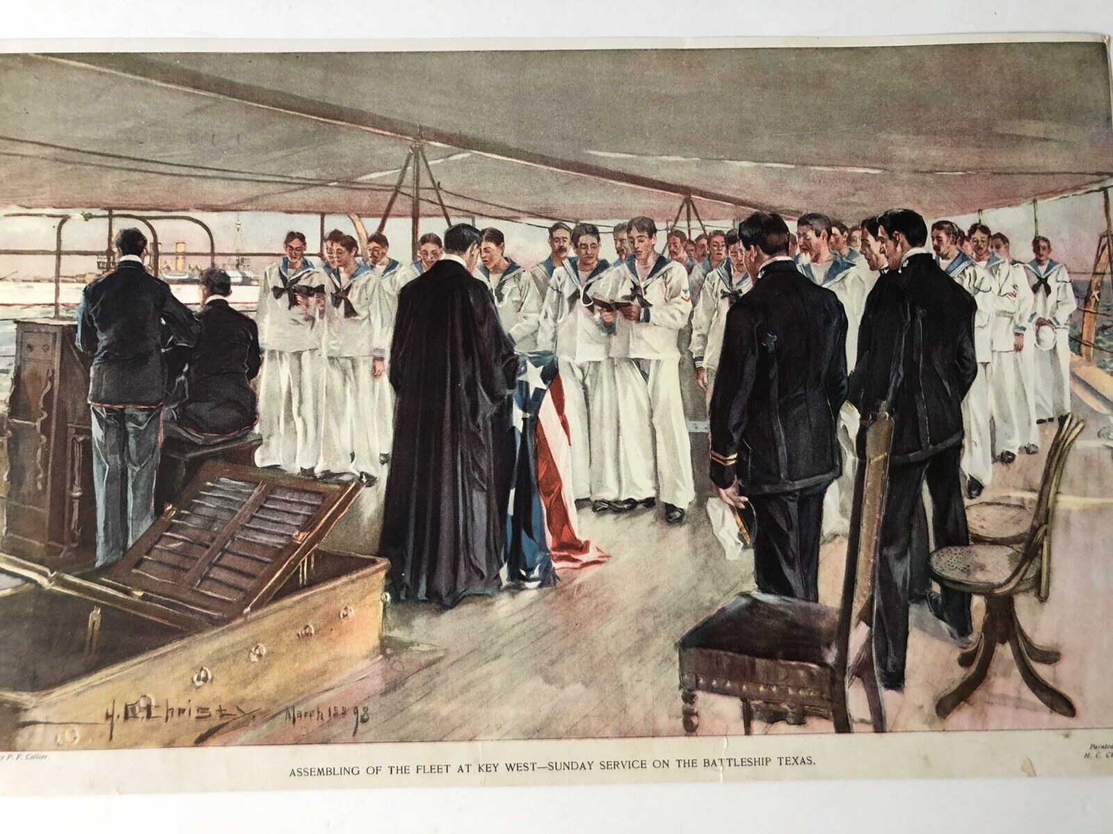 1898-Howard Chandler Christy Print -Key West -Battleship Texas-Sunday Service