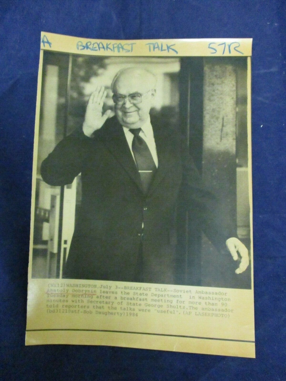 AP Wire Press Photo 1984 Anatoly Dobrynin Soviet Ambassador to U.S. Washington