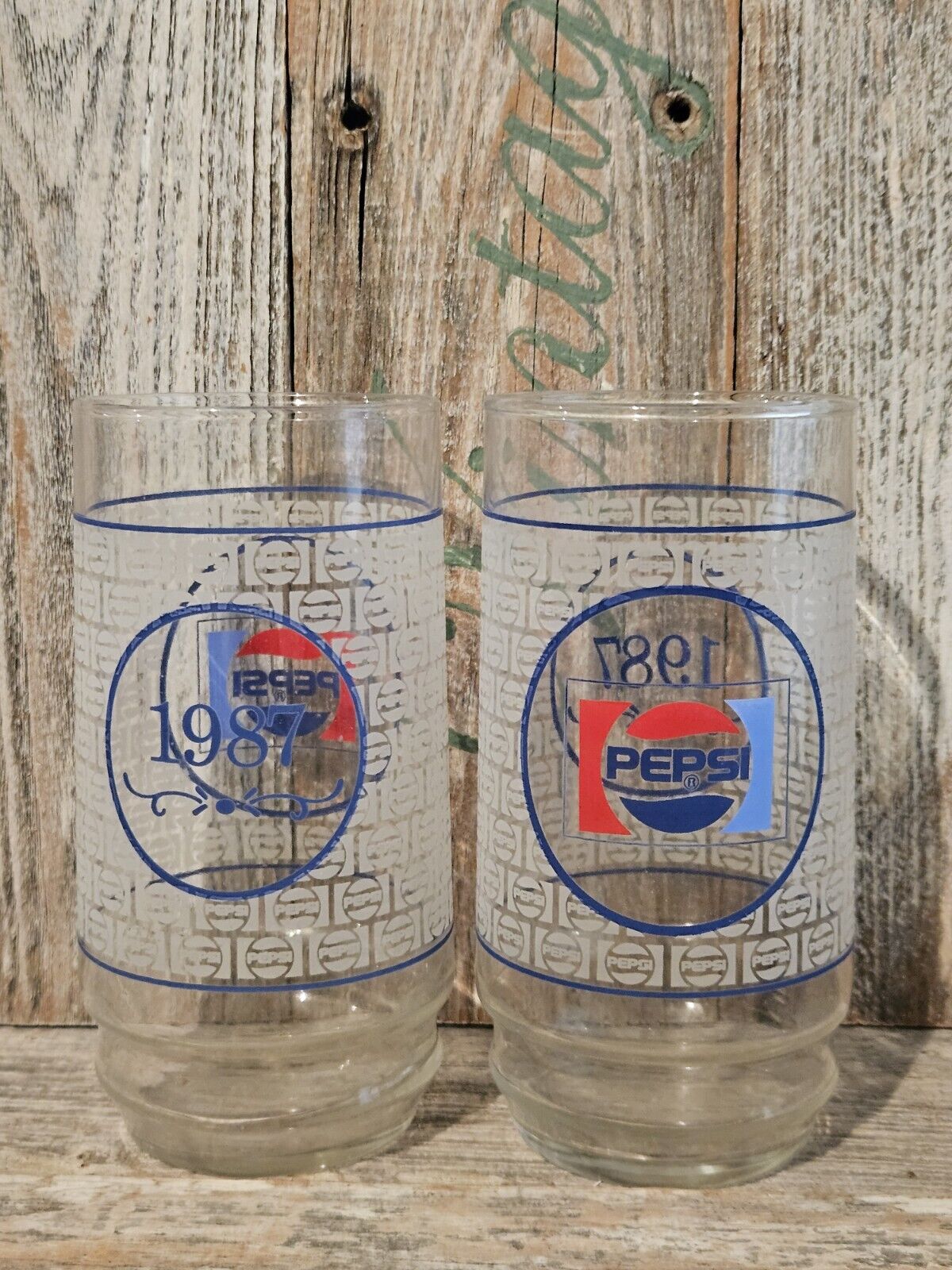 Vintage 1987 Pepsi Drinking Glasses Glass Cups Tumblers Set Of 2 Red White Blue