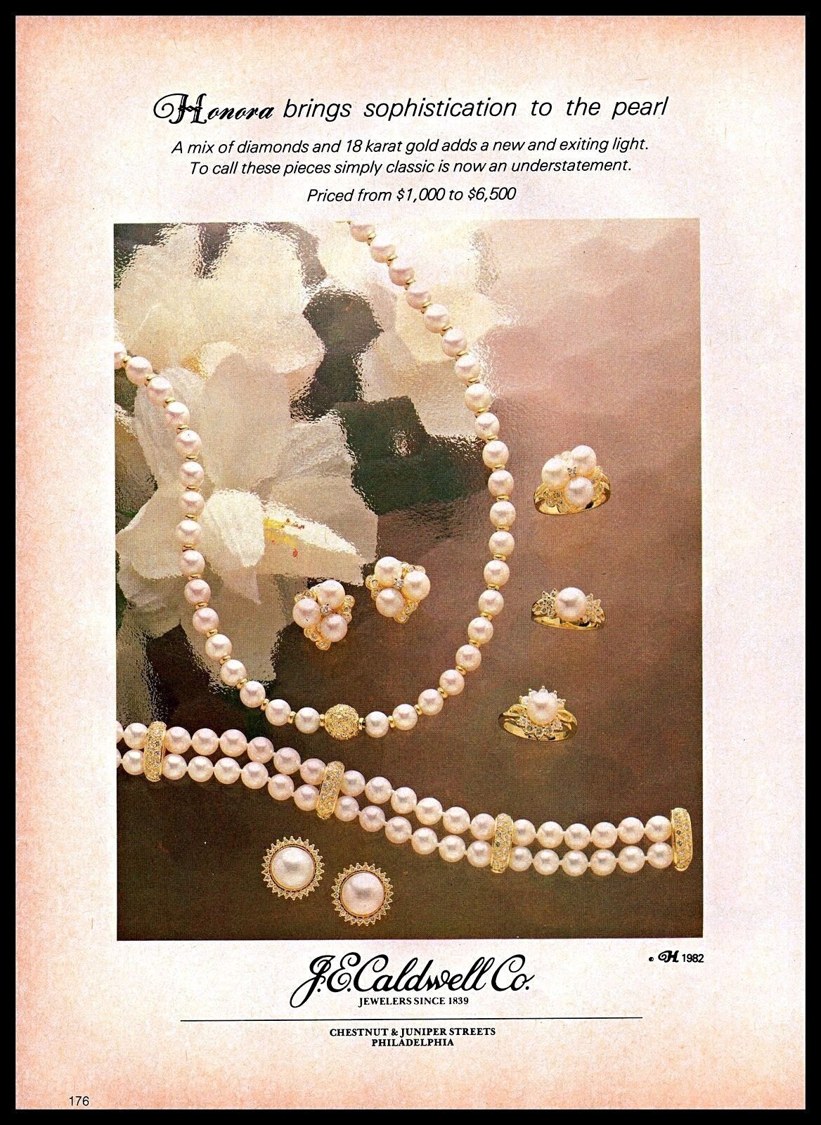 1982 J.E. Caldwell and Co Jewelry Honora Perl Necklace Bracelet Ring VINTAGE AD