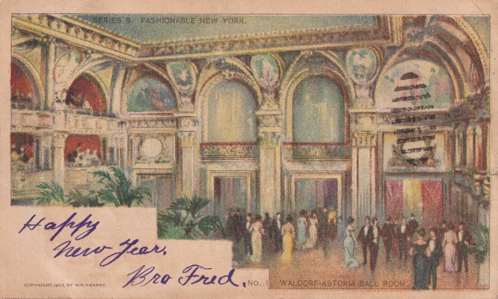 Vintage Postcard - Happy New Year Waldorf-Astoria Ball Room C. 1903 W.R. Hearst