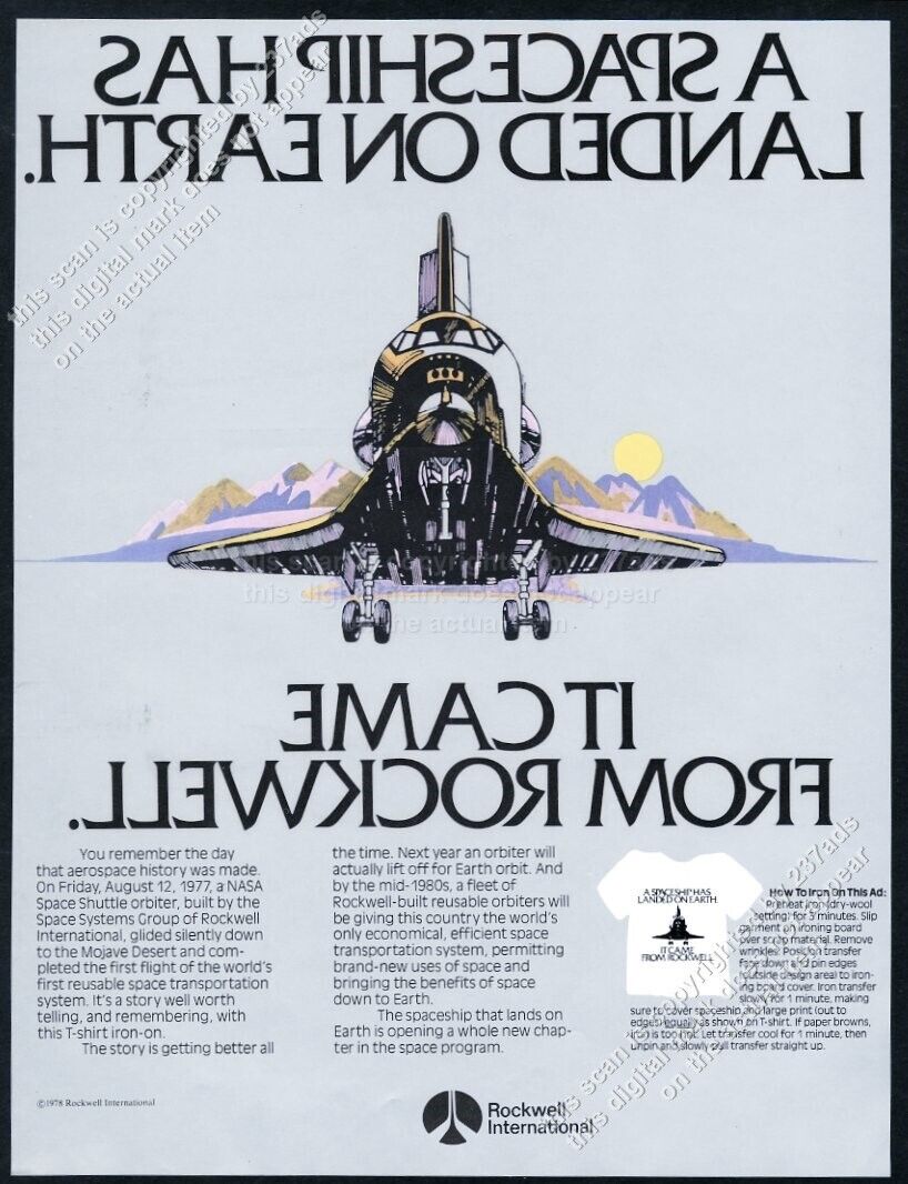 1978 NASA Space Shuttle art t-shirt iron-on Rockwell International vtg print ad