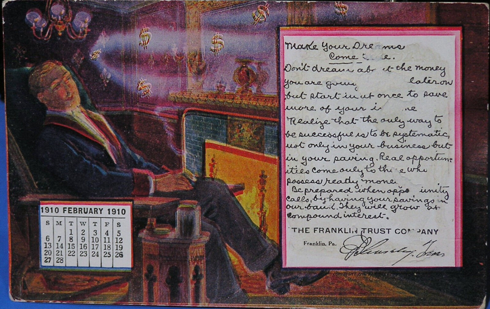 VTG  - Franklin Trust Company Postcard - posted 1910- Franklin, Pa.