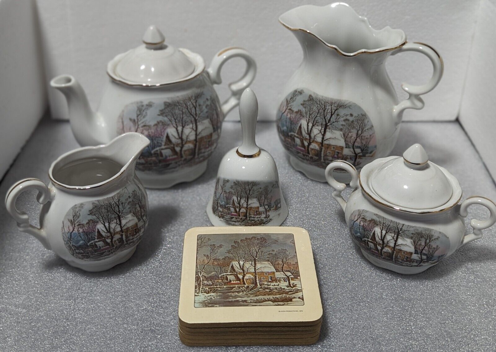 Avon 1977 Representatives Award Fine Porcelain Currier and Ives Tea Set W/Bell