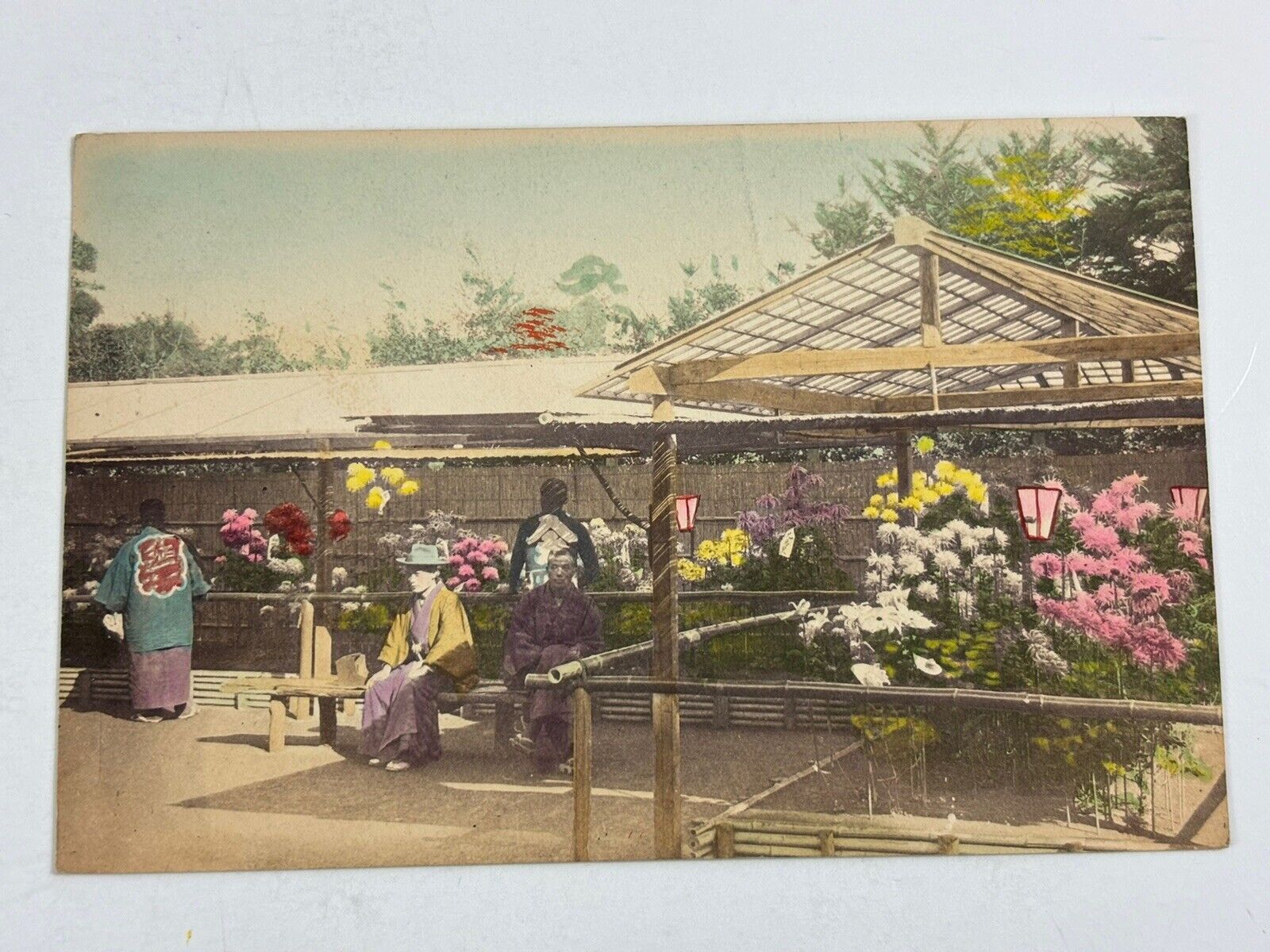 Antique Oriental Men in Kimonos with Flower Garden Hand Color Postcard