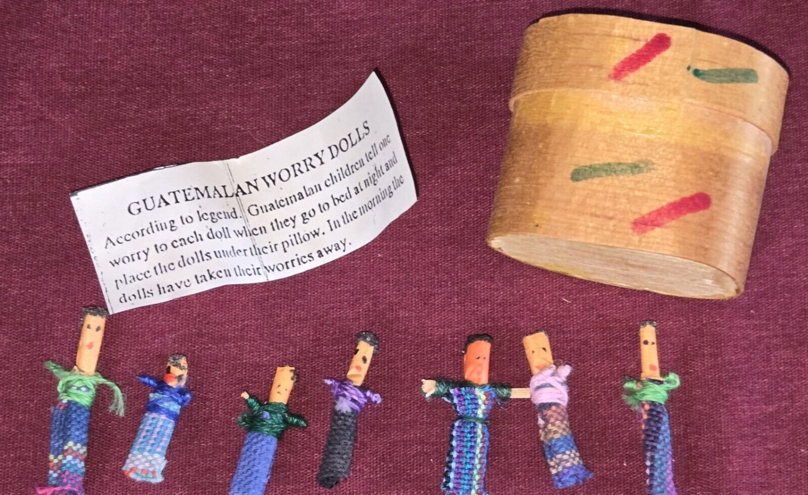 Guatemalan Worry Dolls inside included mini handpainted Box With Lid