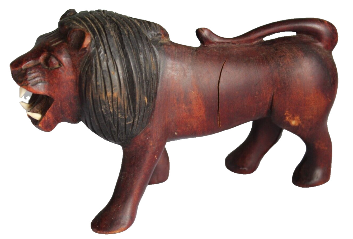 Vintage Hand Carved Wooden African Lion Sculpture 7 1/2\