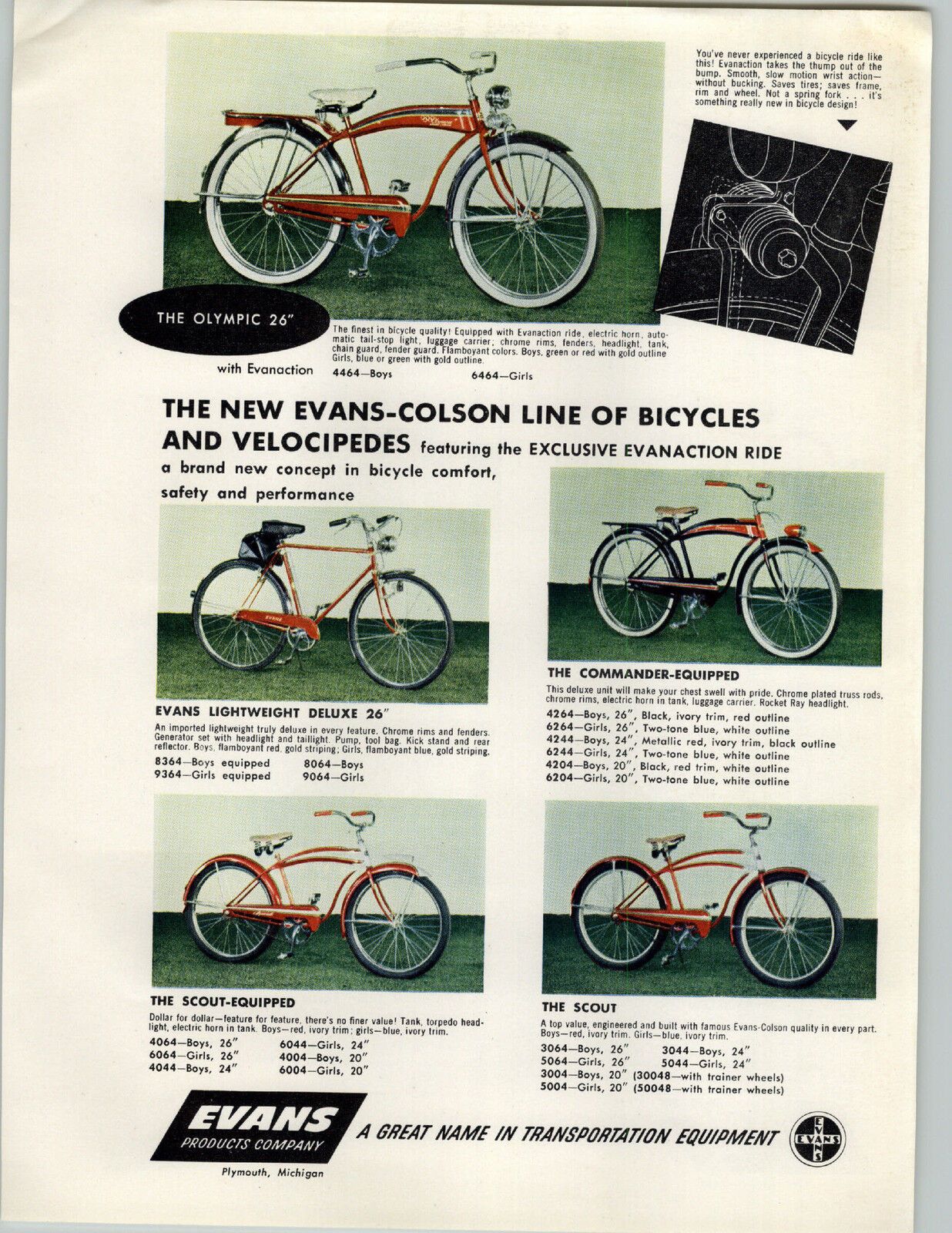 1955 PAPER AD 2 Sided COLOR Evans Colson Bicycle Olympic Commander Interceptor