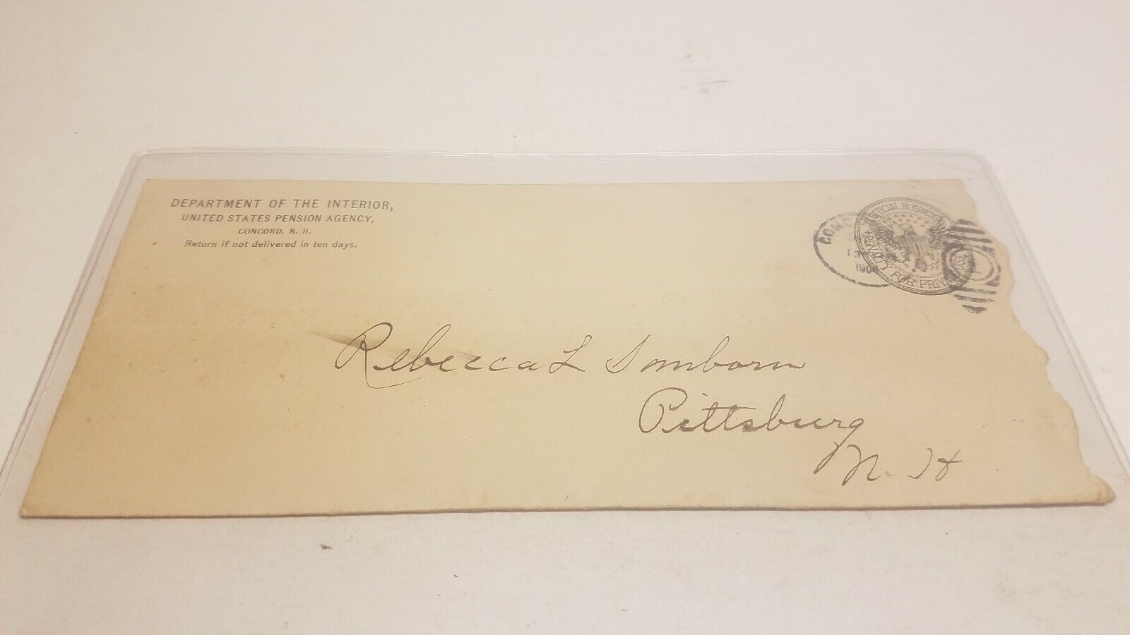 1908 Mailed Envelope Department of the Interior Pittsbug New Hampshire Pension