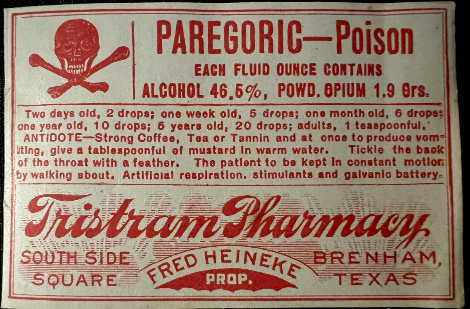 Vintage 1930s TEXAS Poison Pharmacy Label Paregoric OPIUM Brenham Skull