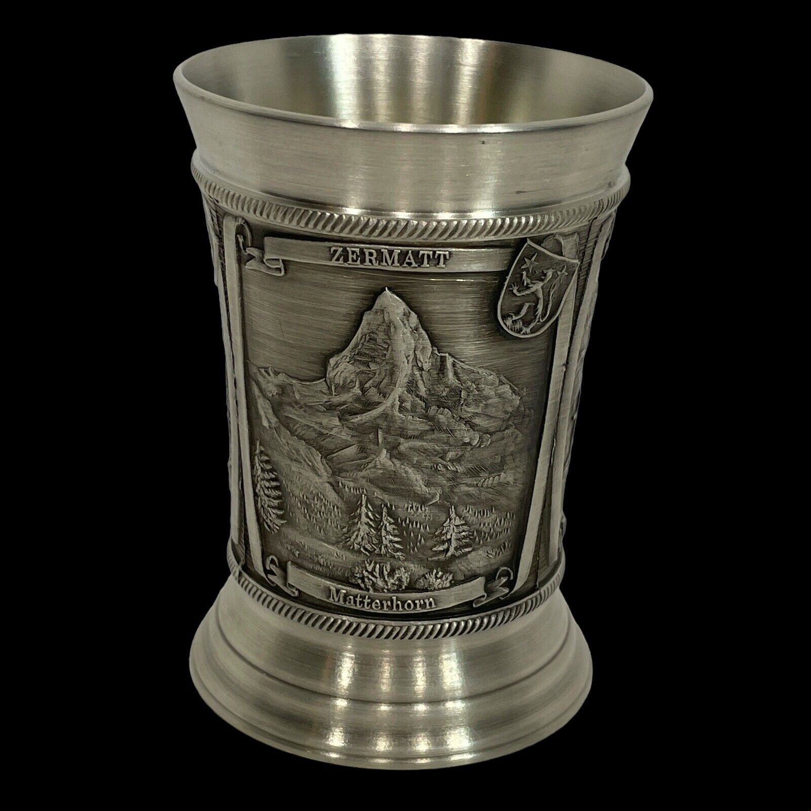 Pewter Shot Glass Cup Swiss Zermatt Scenery 3D 4 oz 95% Zinn Barware Souvenir