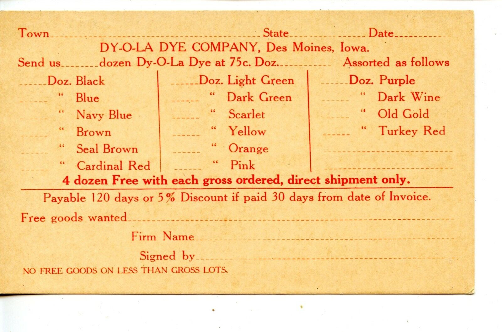 Dy-o-la Dye Company-Des Moines-Vintage Postal Order Form-Advertising Postcard