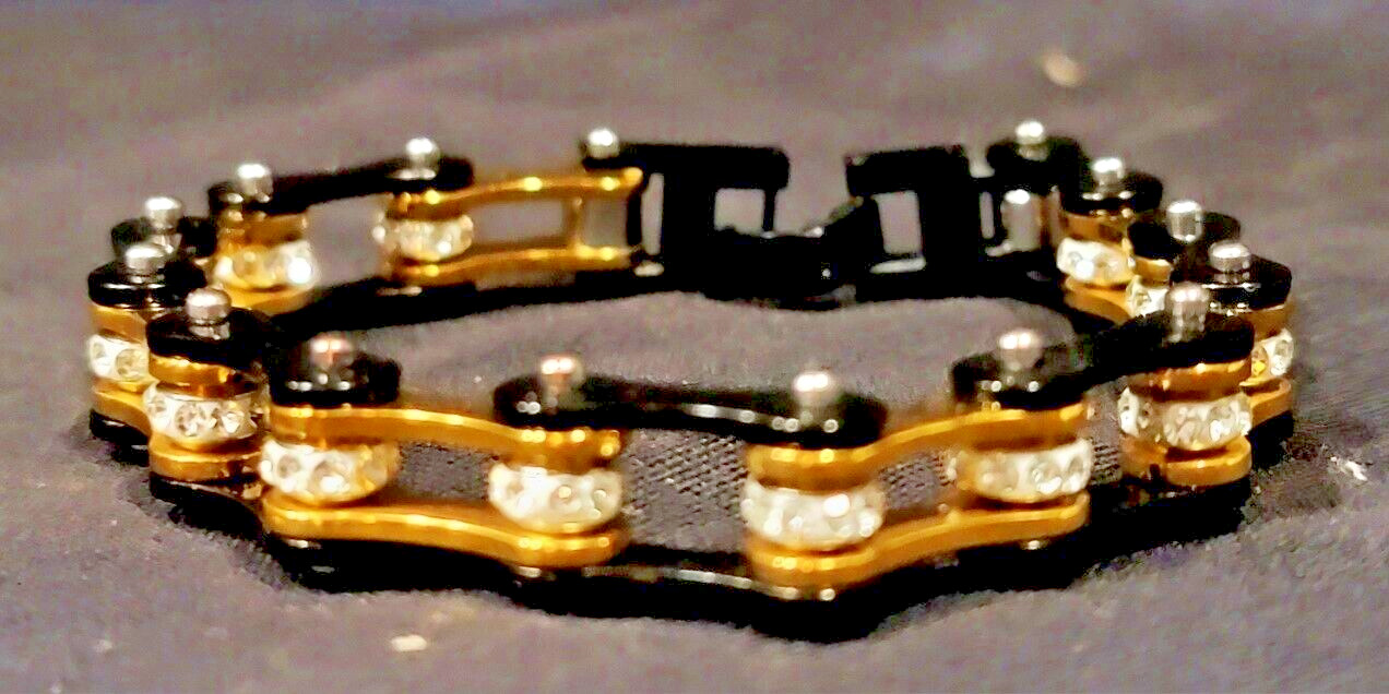 Black & Gold Motorcycle Chain Bracelet with Cubic Zirconia Accenting - 