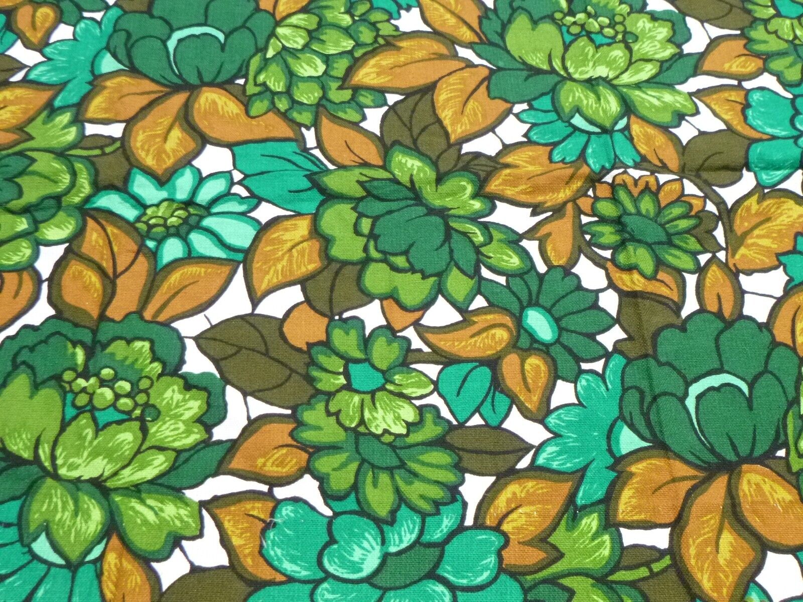 Pr Vtg Heavy Cotton Curtain Panels MOD Green Floral Rod Pocket 50\