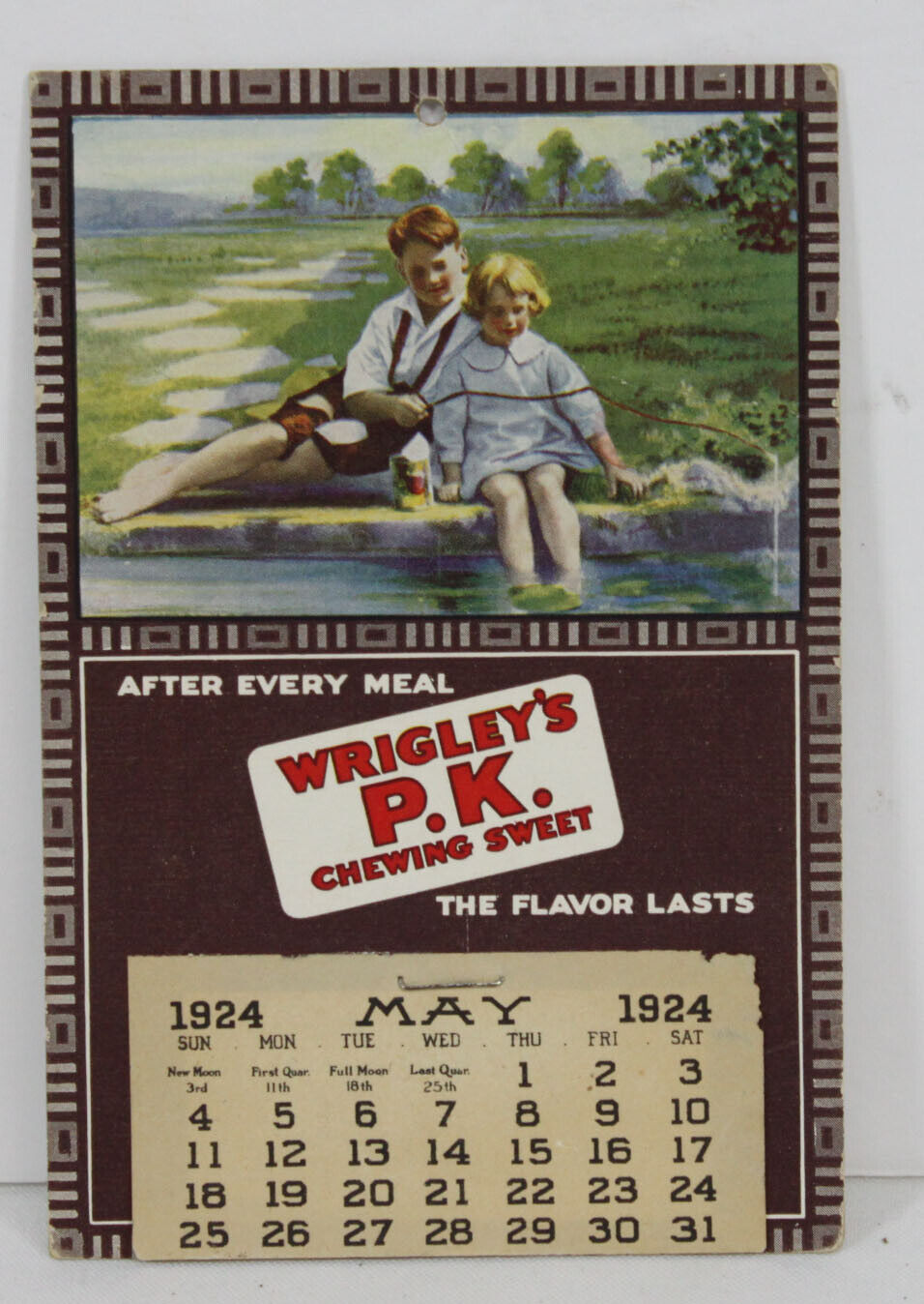 Vtg Wrigley\'s PK Chewing Sweet Gum Wall Calendar 1924 Pull Off Kids Fishing 