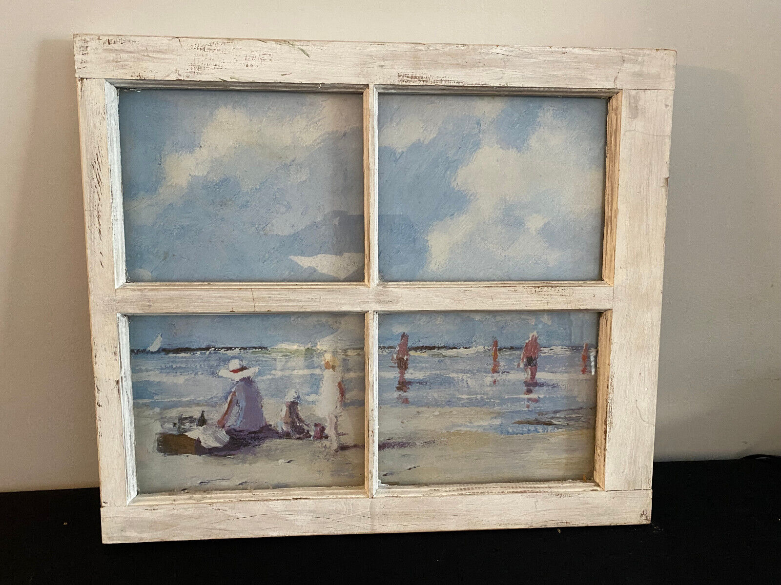 Vintage Whitewashed Window Frame with Classic Beach Scene