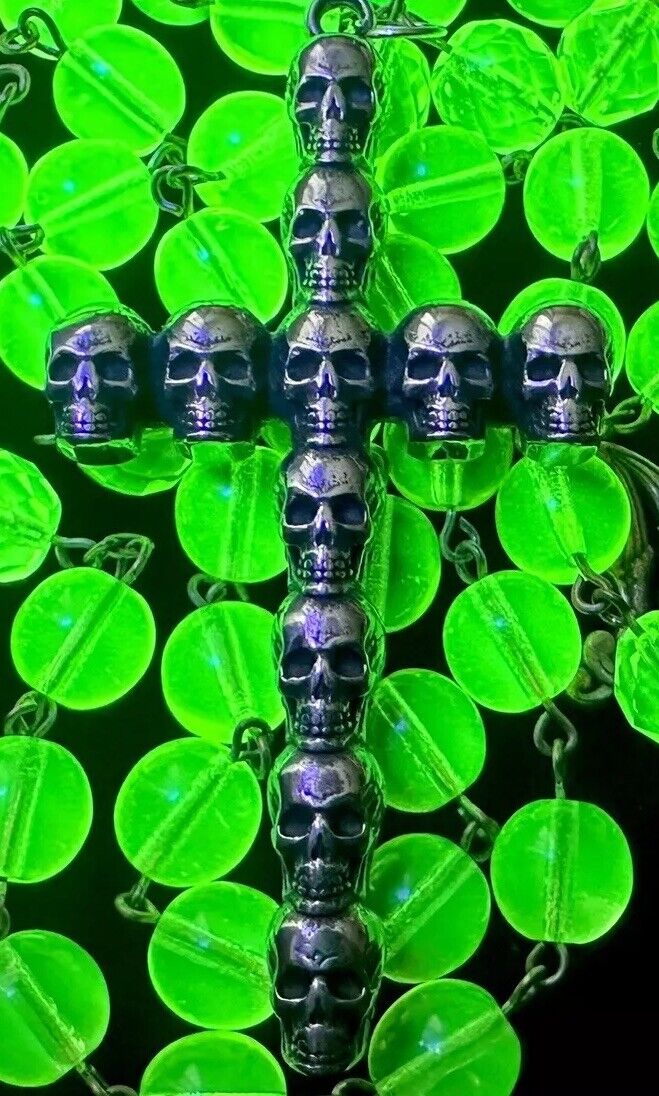 🔥XL Vaseline/Uranium Glass Memento Mori Skulls Holy  Rosary 25” W/Pouch  #29