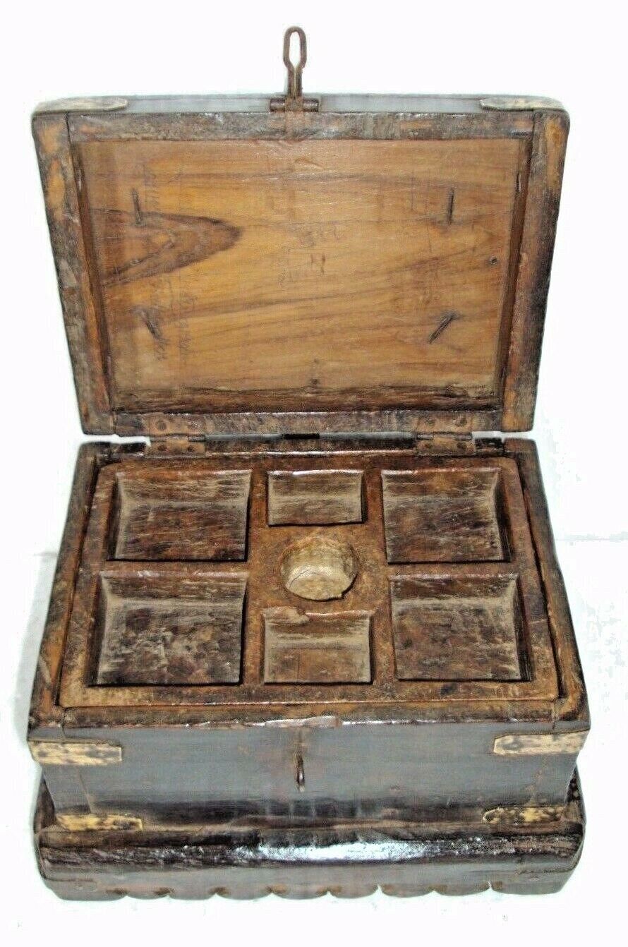 Old Wooden Brass Fitted Indian Handcrafted 9 Compartment Coin Box / Multi Purpos