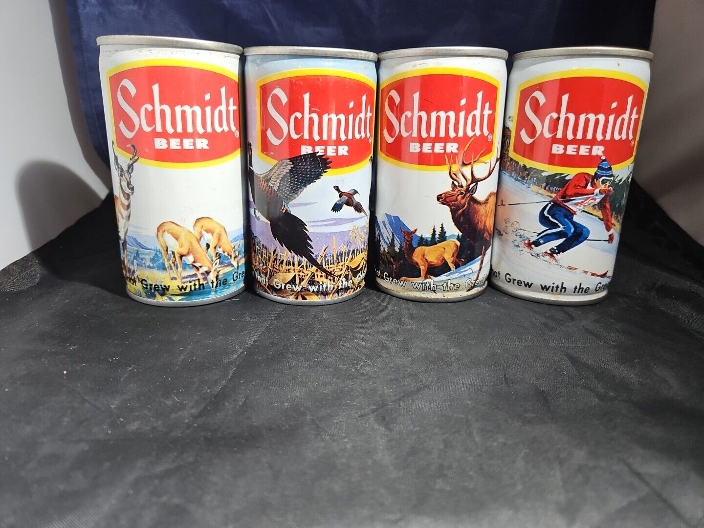 Schmidt Vintage Outdoor Scenes 4 Beer Can Lot-PullTab Pronghorn,Elk,Pheasant,Ski