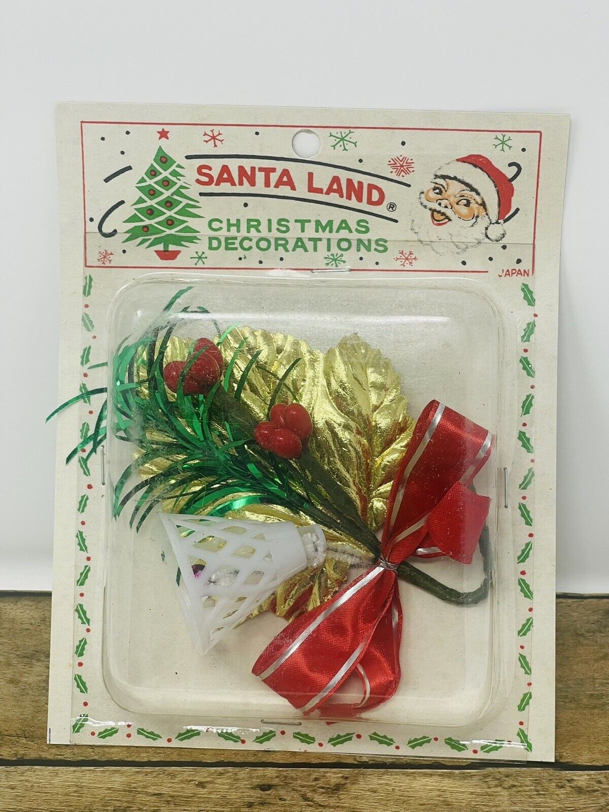 Vintage NIP Santa Land Picks Christmas Corsage Leaf Tree Bell Holly Kitschy