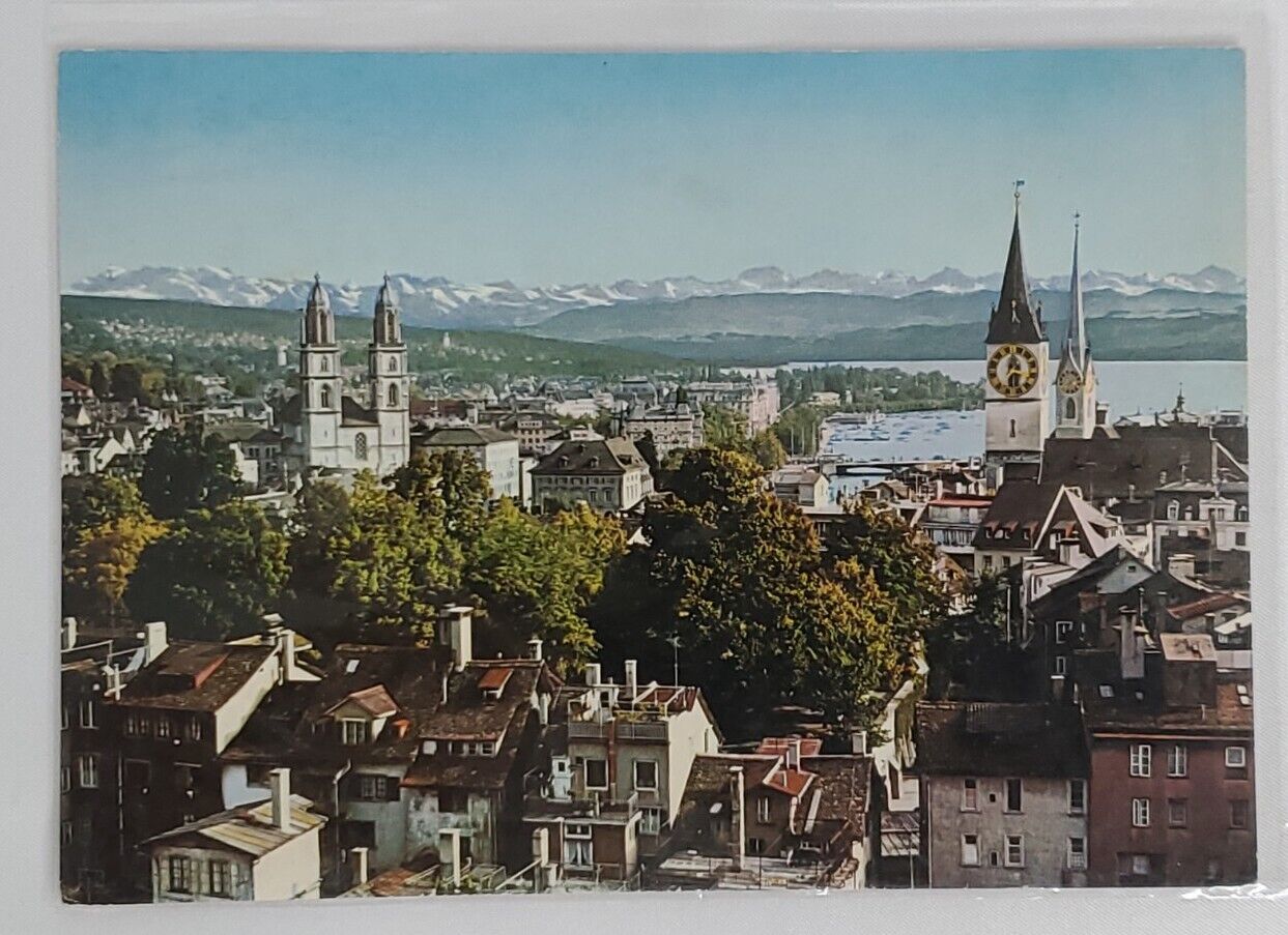 Postcard Zurich and The Alps Mountains Snow Caps Switzerland A4