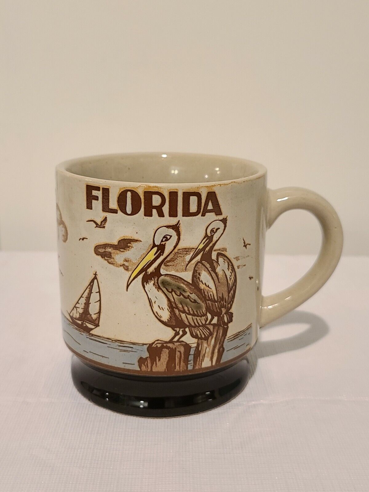 Vintage Stoneware Florida Mug With Dock, Pelicans, And Sailboats