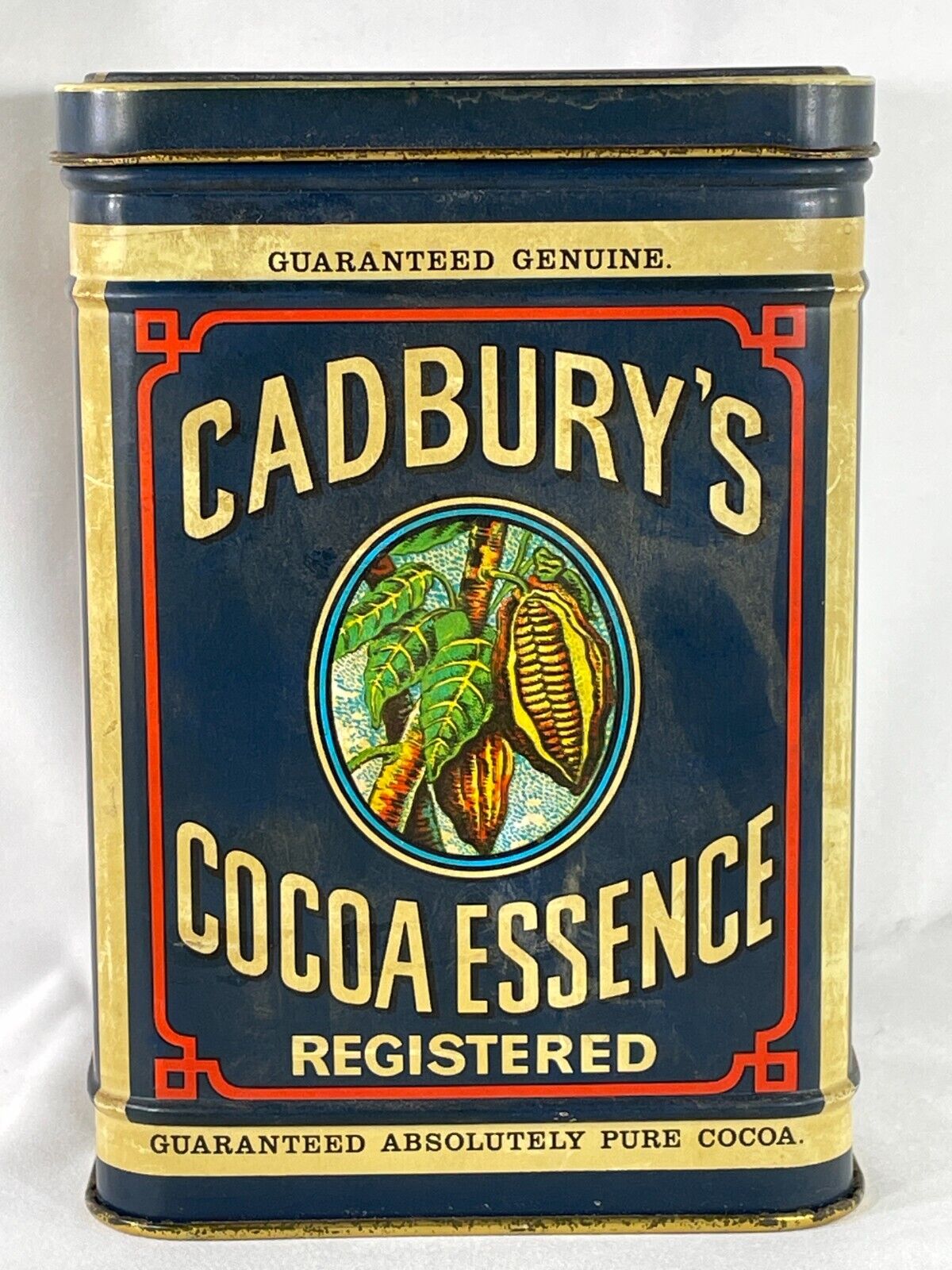 Vintage 1977 Cadbury\'s Cocoa Essence Tin Navy Blue Advertising Collectible