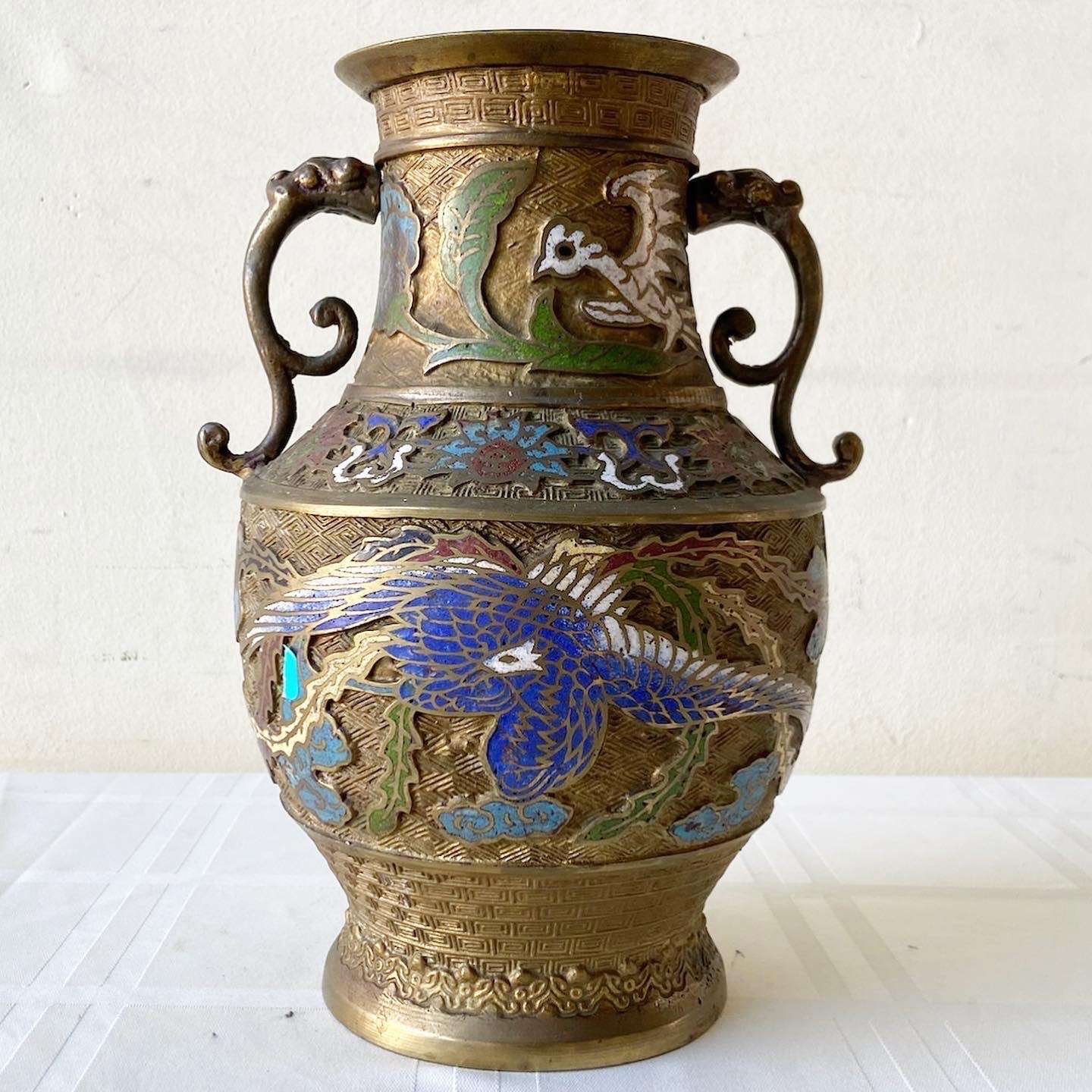 Vintage Japanese Brass Champleve Vase With Ornate Handles