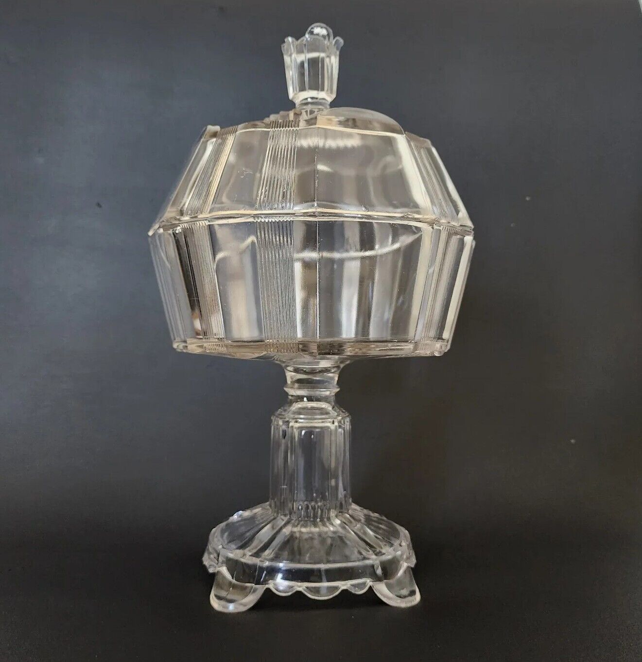 EAPG Antique Adams & Co #300 Clear Ribbon Large Pressed Glass Compote & Lid 1882