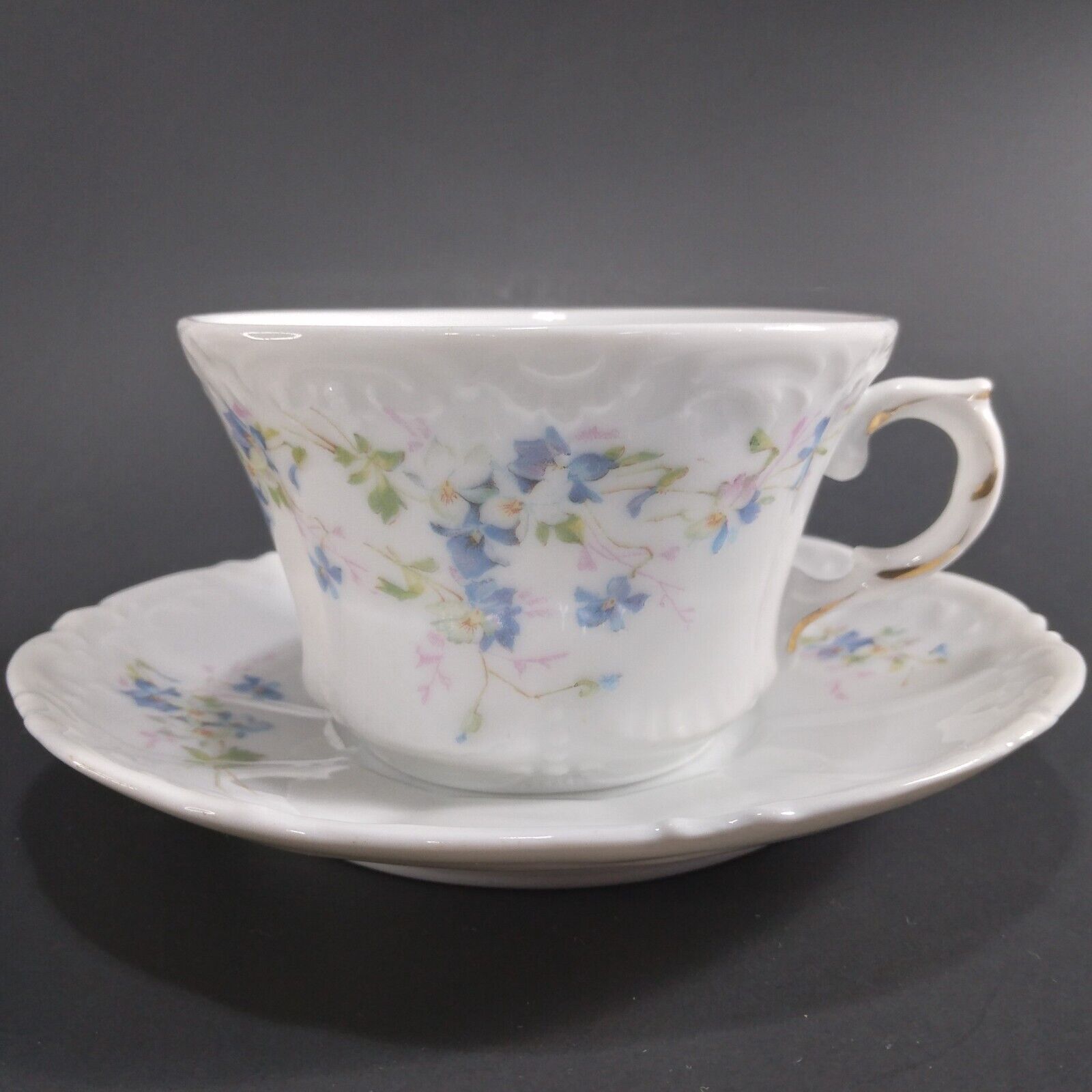 Antique Vintage Teacup & Saucer Set Weimar Germany Blue Violet Floral Pattern