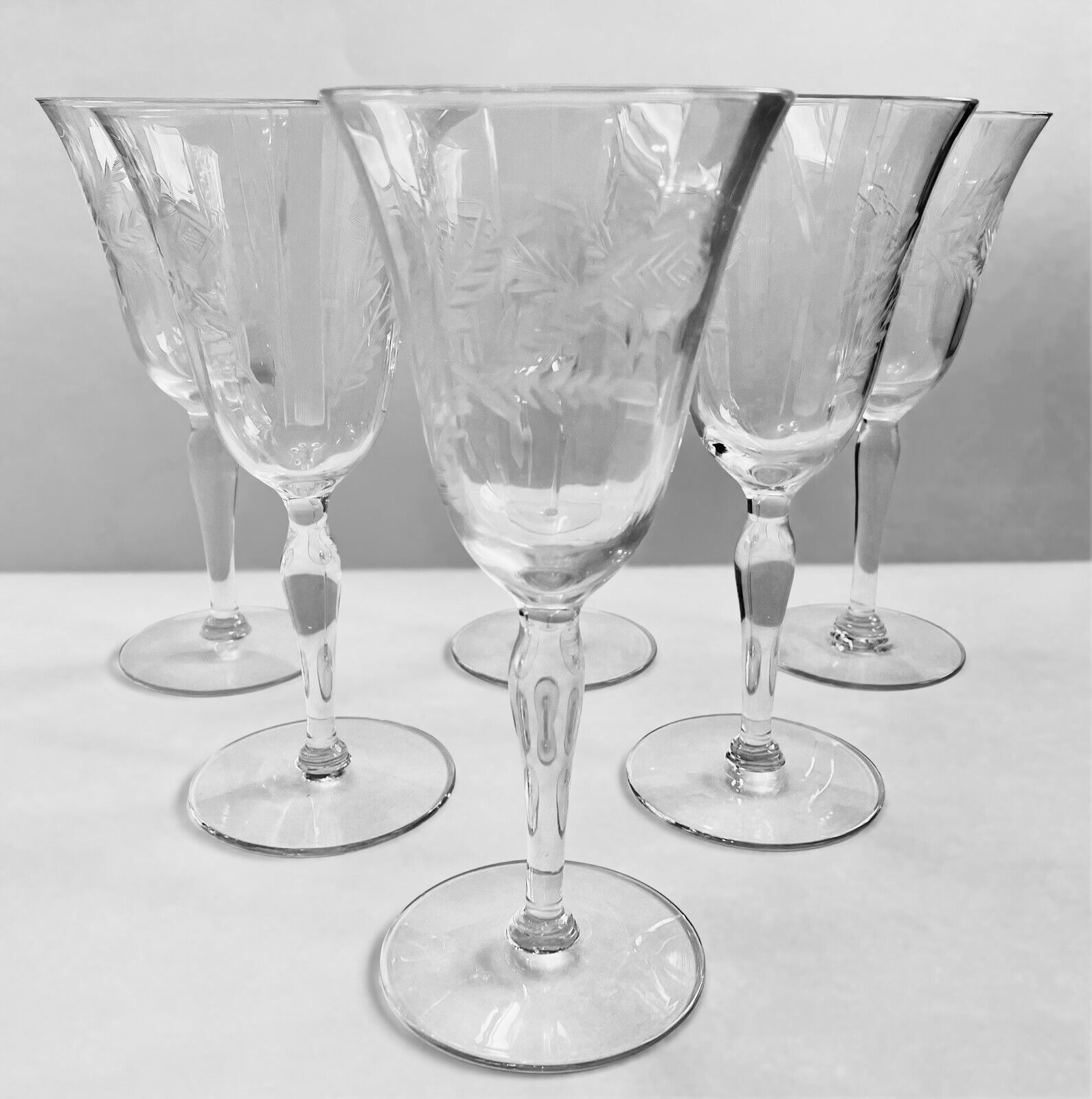 Vintage Stemware Etched Roses Crystal Wine Glasses Goblets Set of 6 Elegant MCM