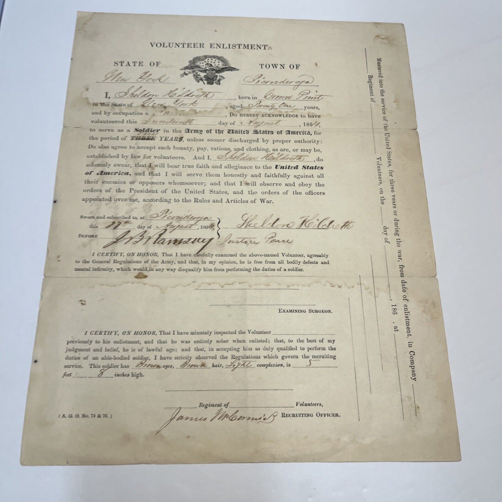 1864 Civil War Enlistment Document 