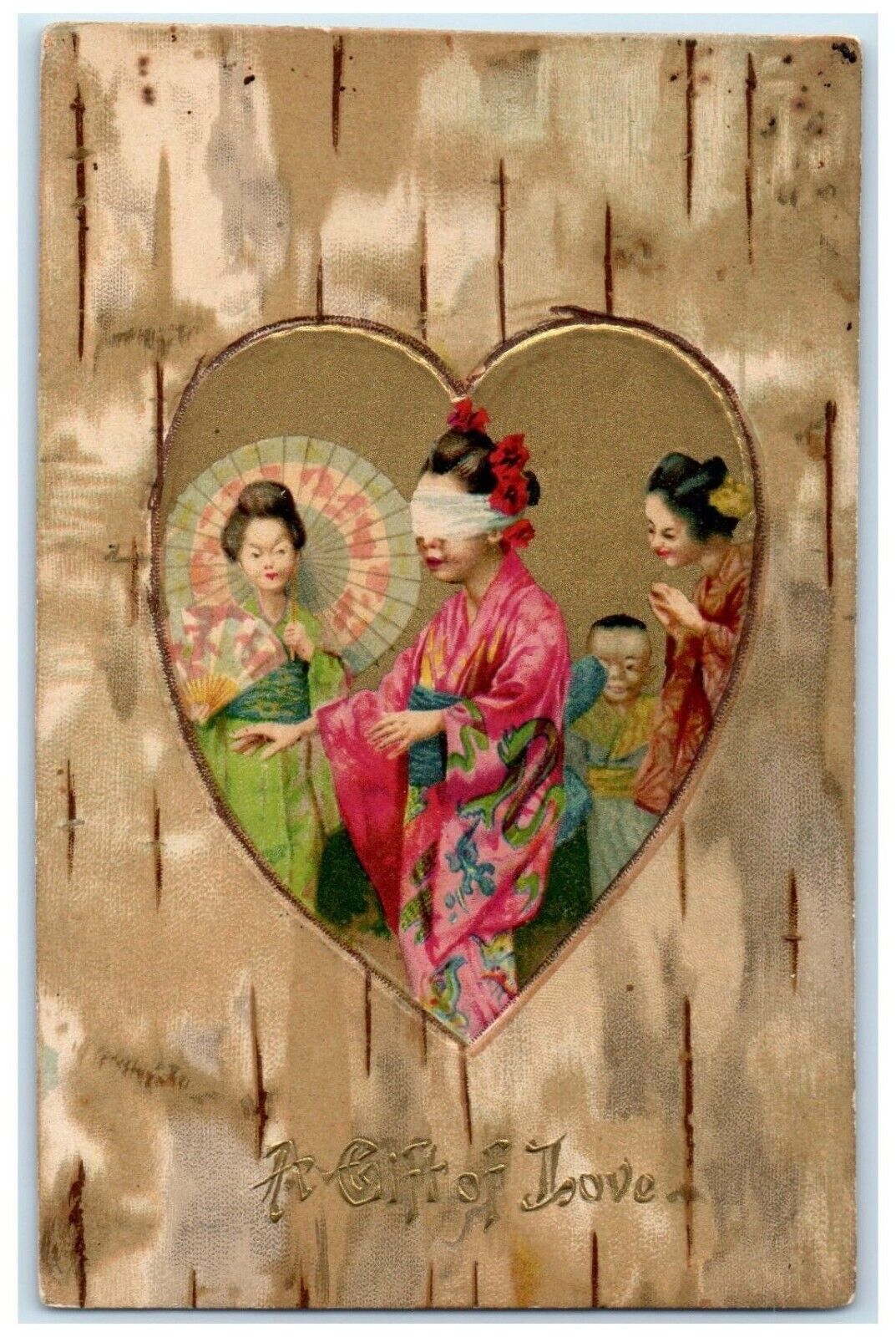 c1905 Valentine Gift Of Love Heart Japanese Blindfolded Nash Embossed Postcard