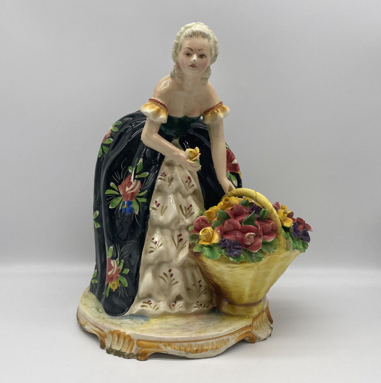 Vintage Woman With Flower Basket Large Porcelain Figurine Made In Italy 1967