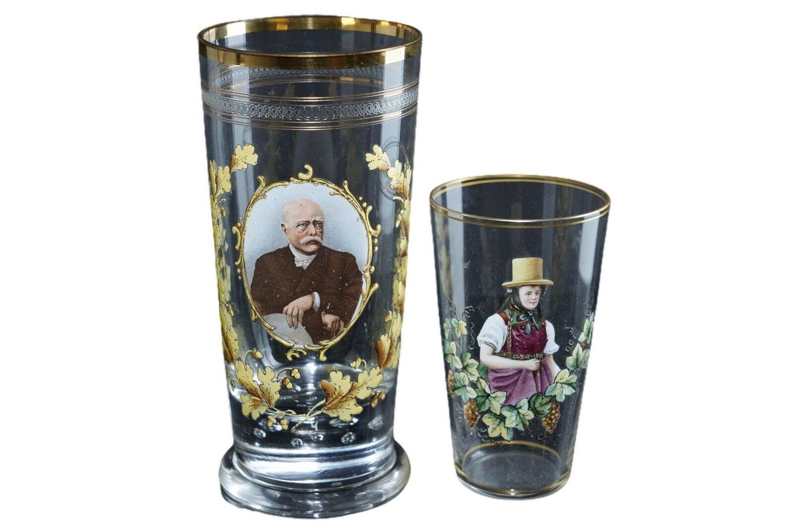 2 c1880 Bohemian Enamel Promotional spirit glasses