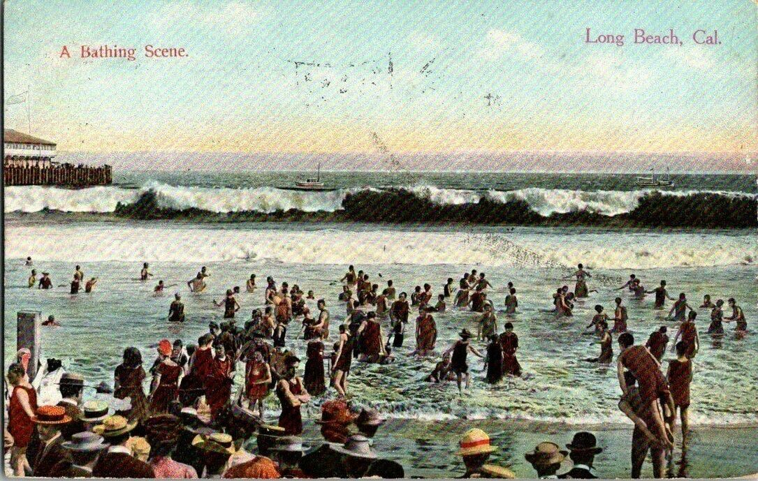 1908. BATHING BEACH. LONG BEACH, CA. POSTCARD. SM14
