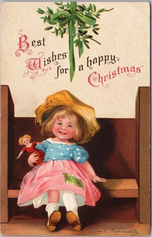 1908 HAPPY CHRISTMAS Postcard Girl Under The Mistletoe -Artist-Signed CLAPSADDLE