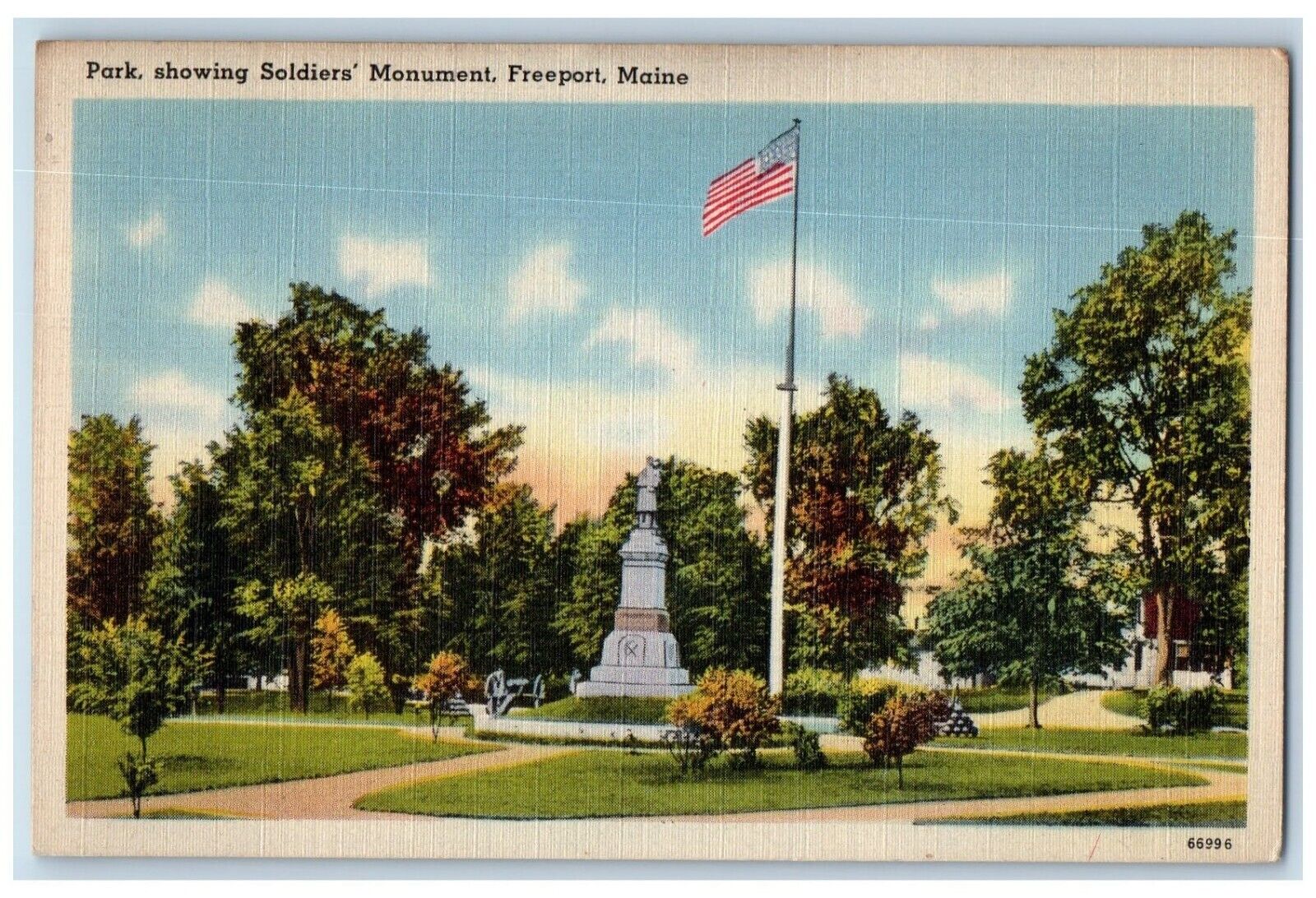 1956 Park Showing Soldier's Monument Flag Freeport Maine ME Vintage Postcard