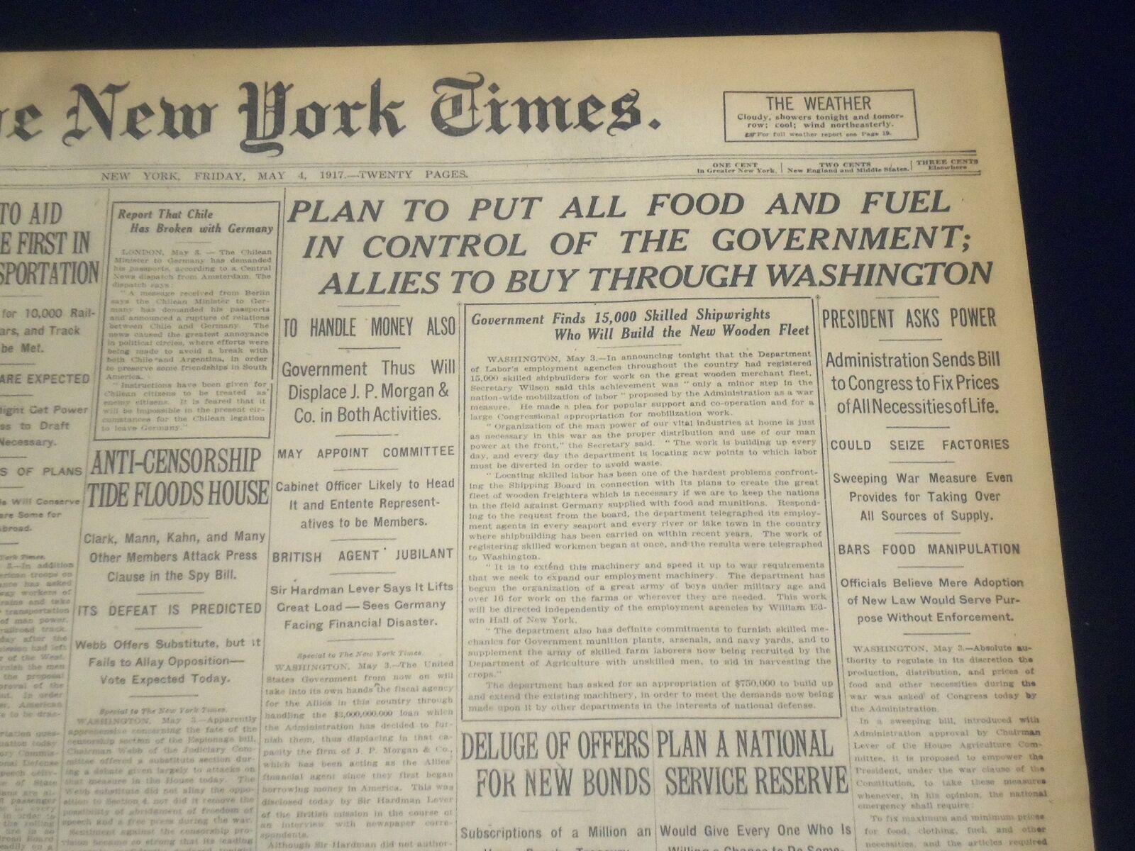 1917 MAY 4 NEW YORK TIMES - GOVERNMENT TO CONTROL FOOD AND FUEL - NT 9133
