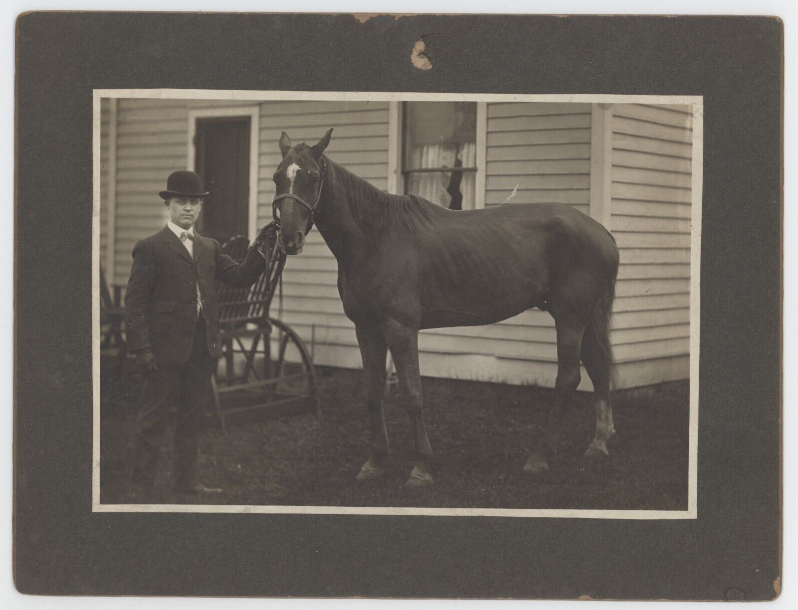Antique c1900s Mounted Photo Dapper Man in Hat With Beautiful Horse by House