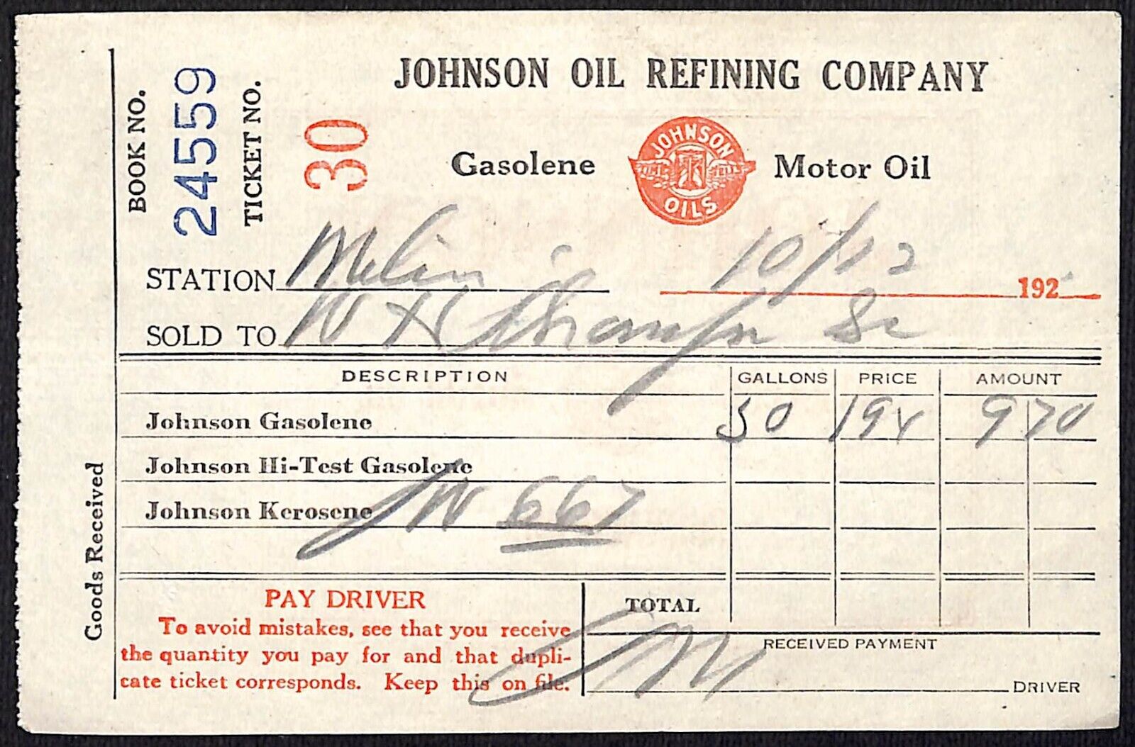 Johnson Oils Gasoline Kerosene 1926 W H Thompson Melvin IL Station Receipt #30