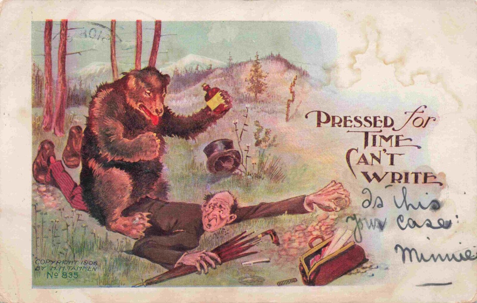 c1906 Bear Sits on Man Snake Oil Salesman Card No 835 HH Tammen Postcard