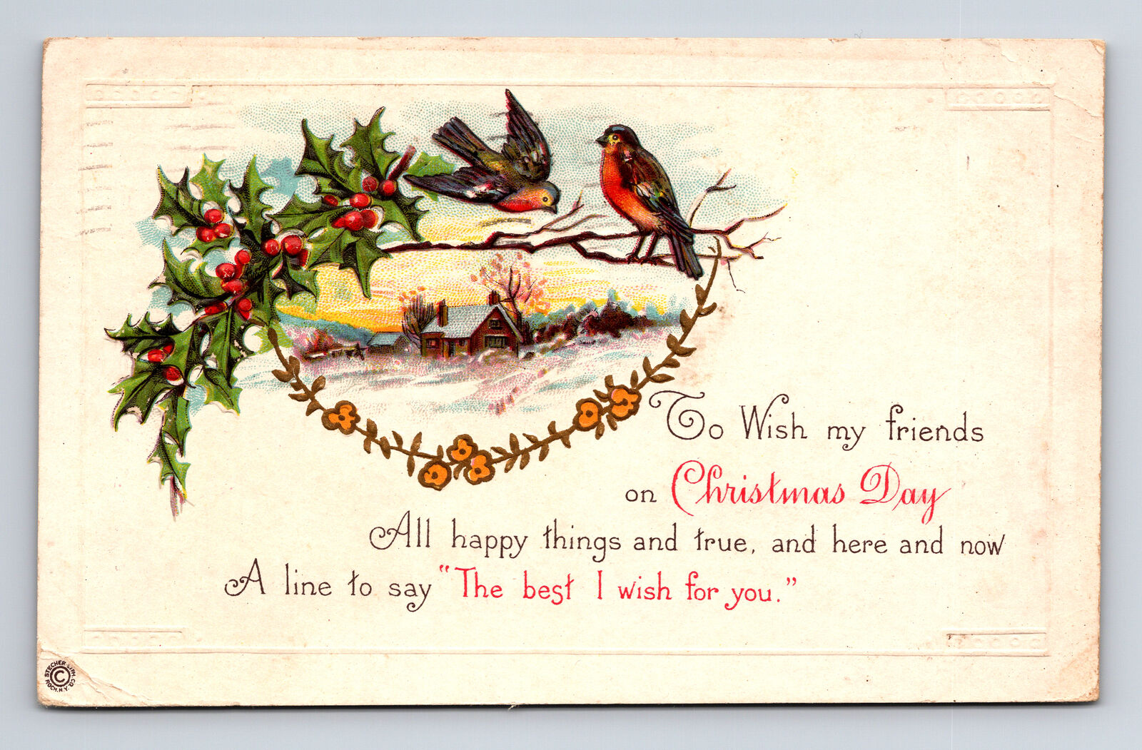 1915 STECHER Christmas Greetings Robins Country Farm Home in Snow 546 C Postcard
