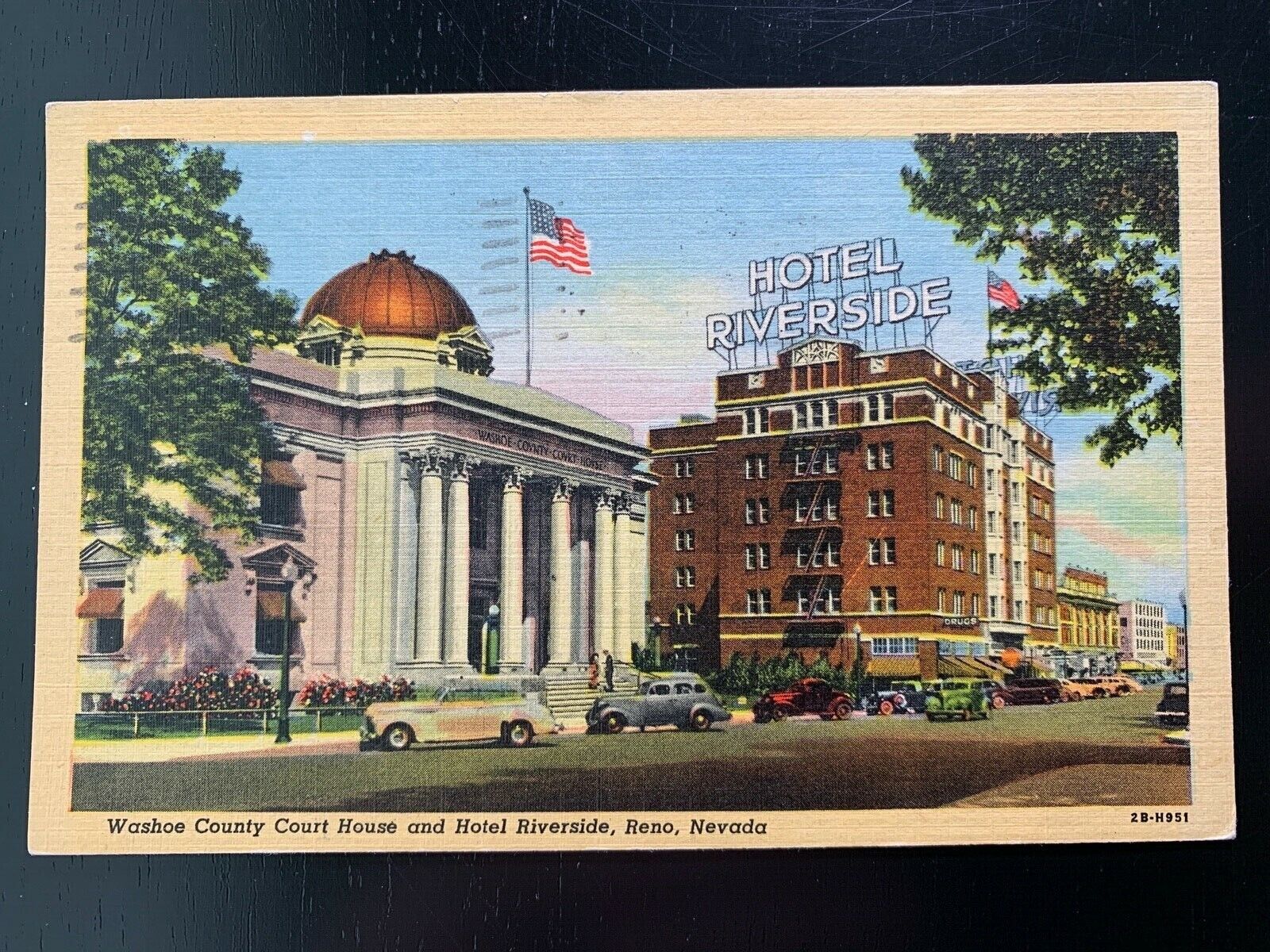 Postcard Reno NV - c1940s Washoe County Court House and Hotel Riverside