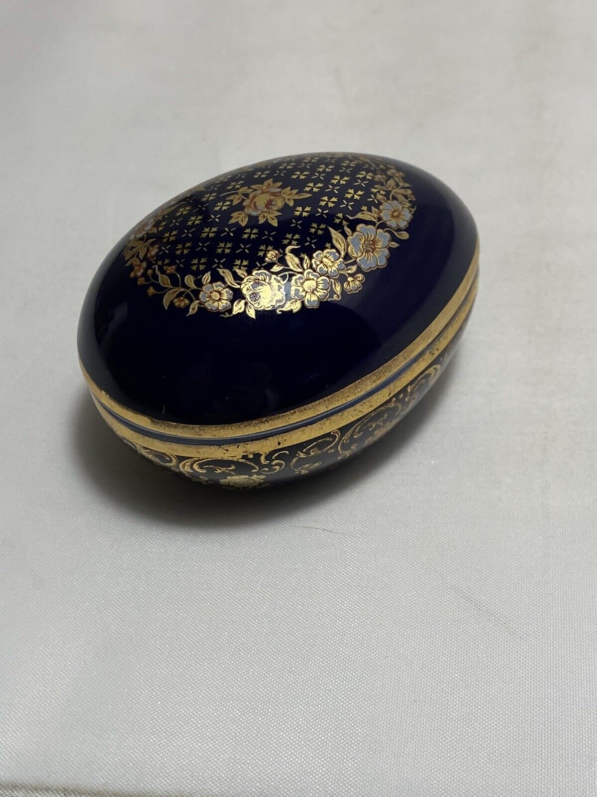 Limoges Castel France Castle Cobalt Blue Egg Shaped Trinket Box Gold Pattern