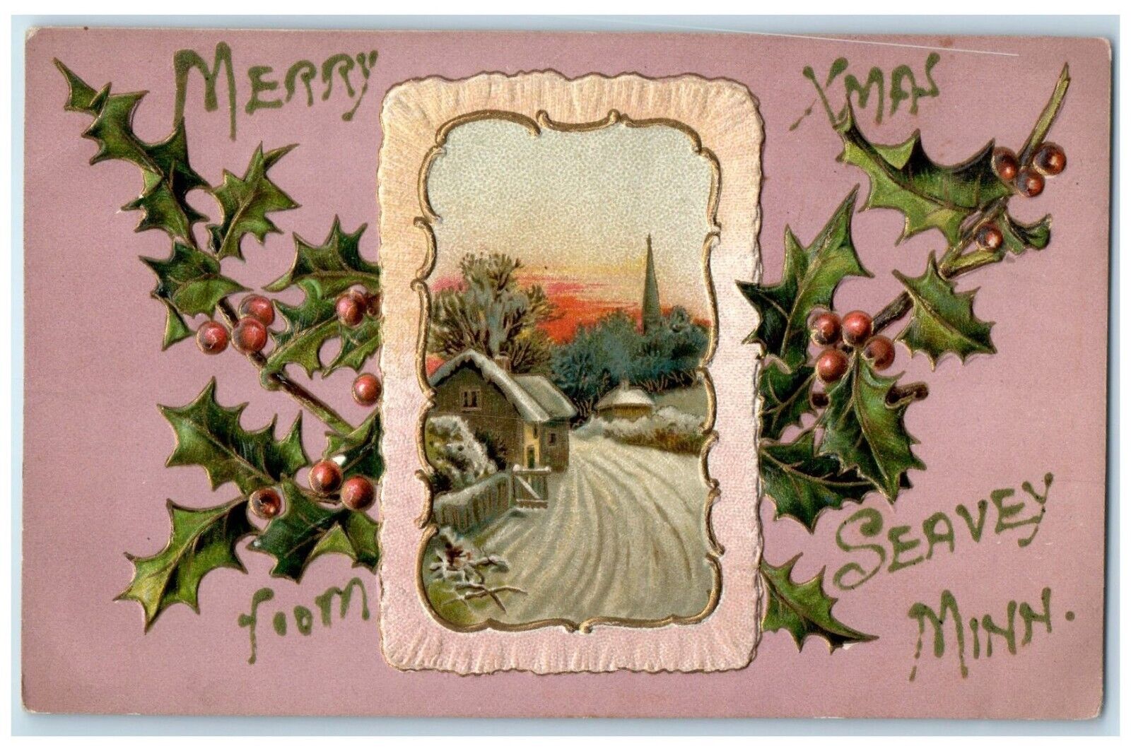 c1910 Merry Xmas From Seavey Minnesota Embossed Glitter Vintage Antique Postcard