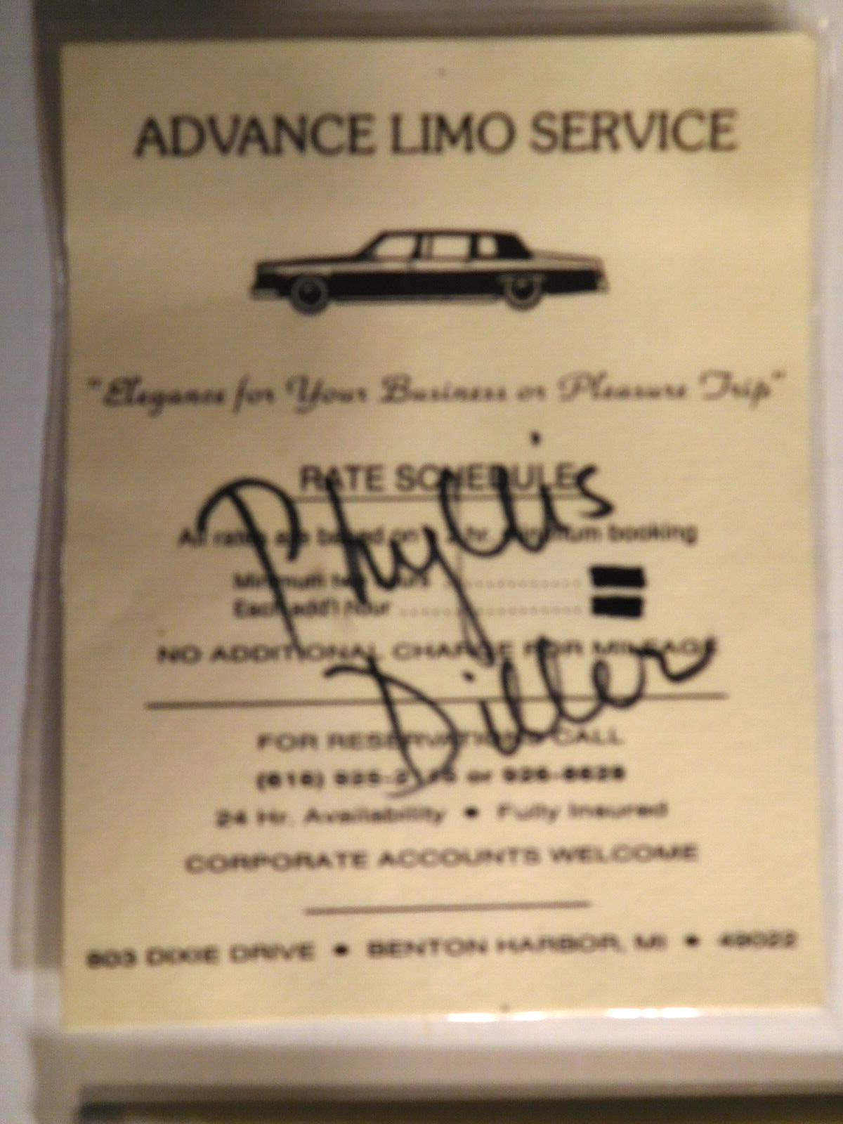 Vintage Circa 1990 Phyllis Diller Autograph on Benton Harbor, MI Limo Rate Card