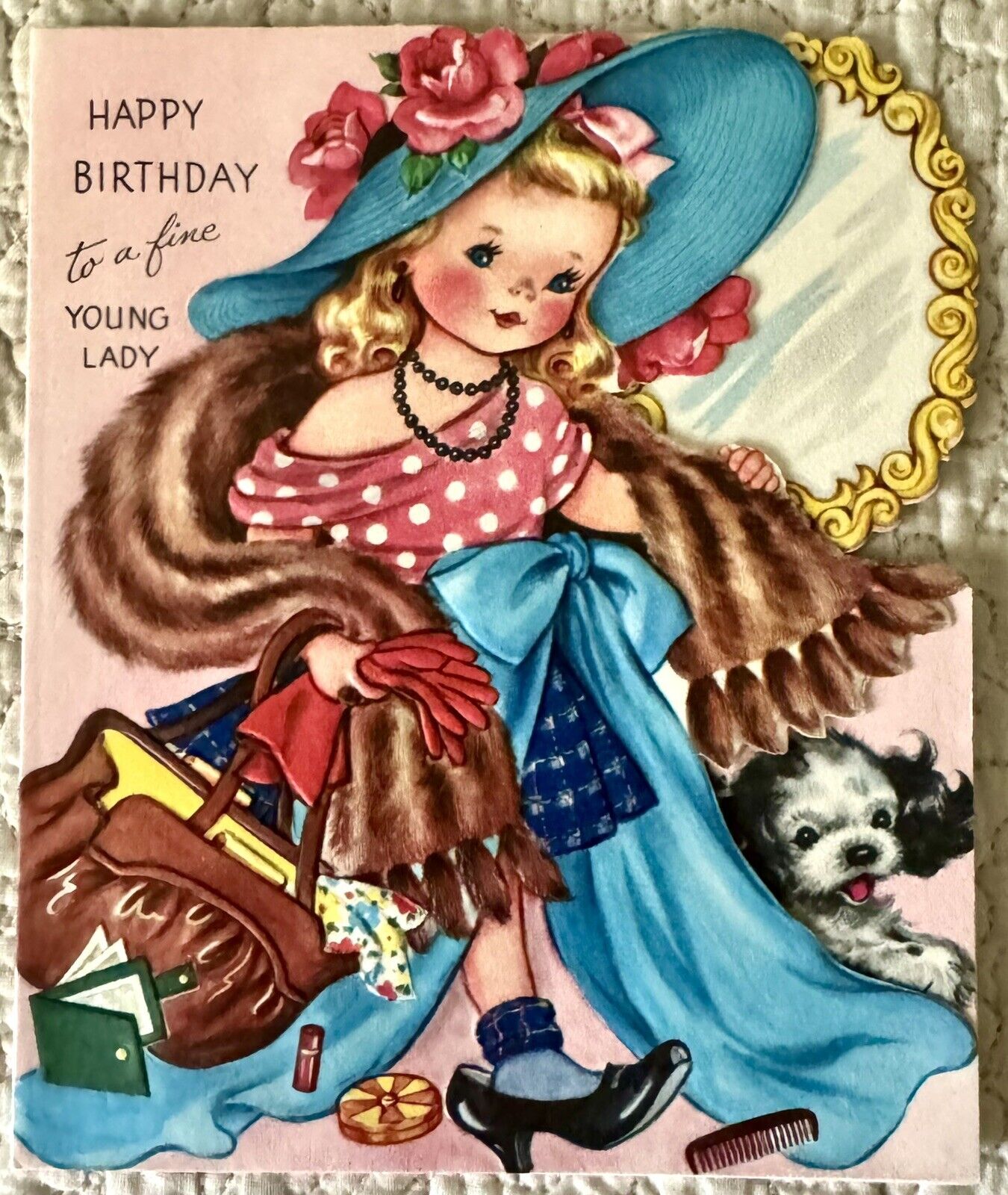 Vintage Birthday Girl Dress Up Fur Stole Purse Dog Greeting Card 1940s 1950s