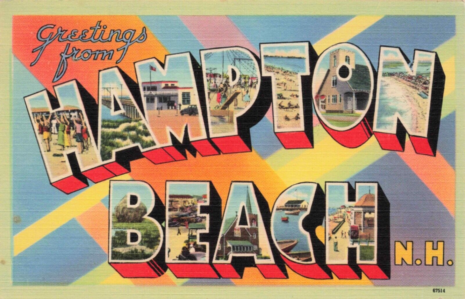 Large Letter Greetings from Hampton Beach, New Hampshire  Vintage PC Posted 