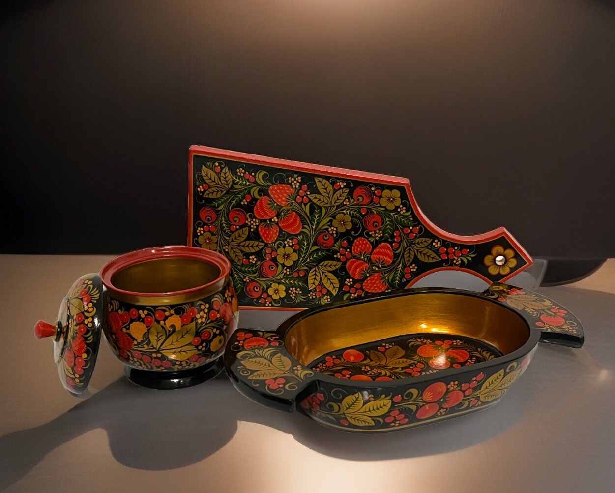 Vintage Russian Khokhloma Laquered Set Wooden Bowl, Trivet & Tray Lot 3 Piece